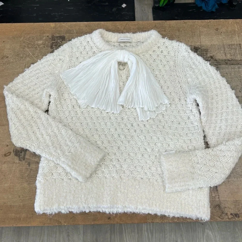 Rebecca Taylor Ivory Cotton Blend Feminine Whimsical Sweater Removable Bow L